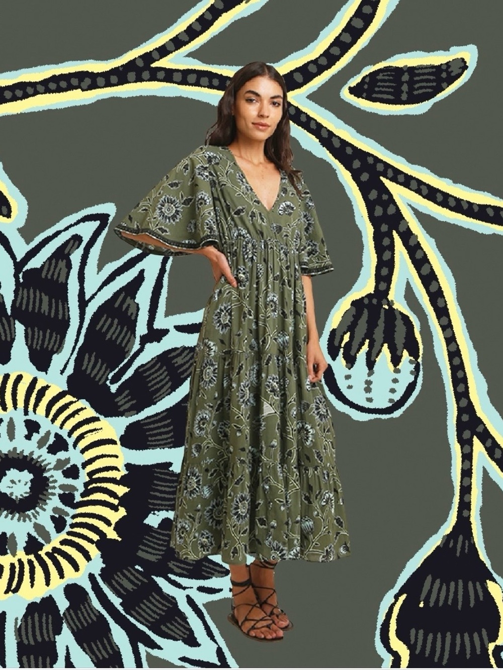 Omika Olive Green Floral Maxi Dress with flutter sleeves